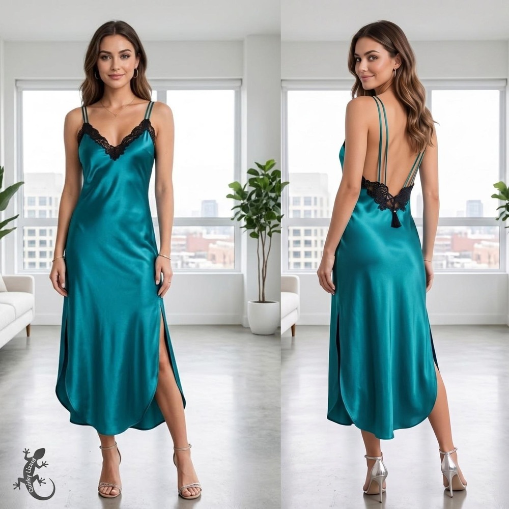 Vintage Victoria's Secret Gold Label M Teal Satin Slip Gown Black Lace Open Back